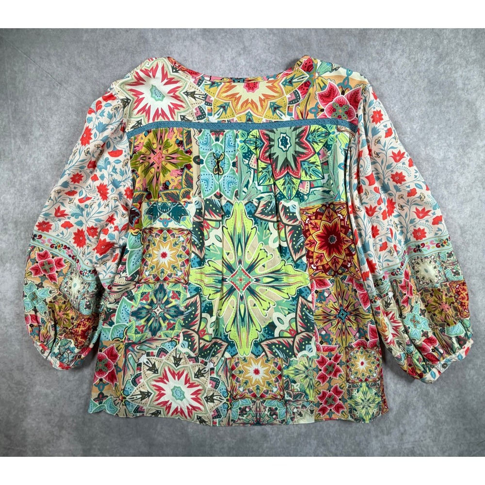 John Mark Womens XL Blouse Rayon Multicolor Floral Patchwork Boho Tassel Tie - Picture 2 of 9